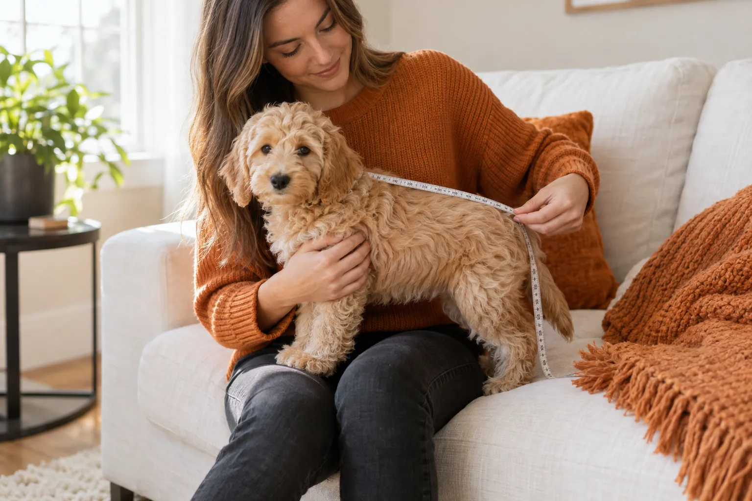Family gently cradling a small puppy during calm home preparation