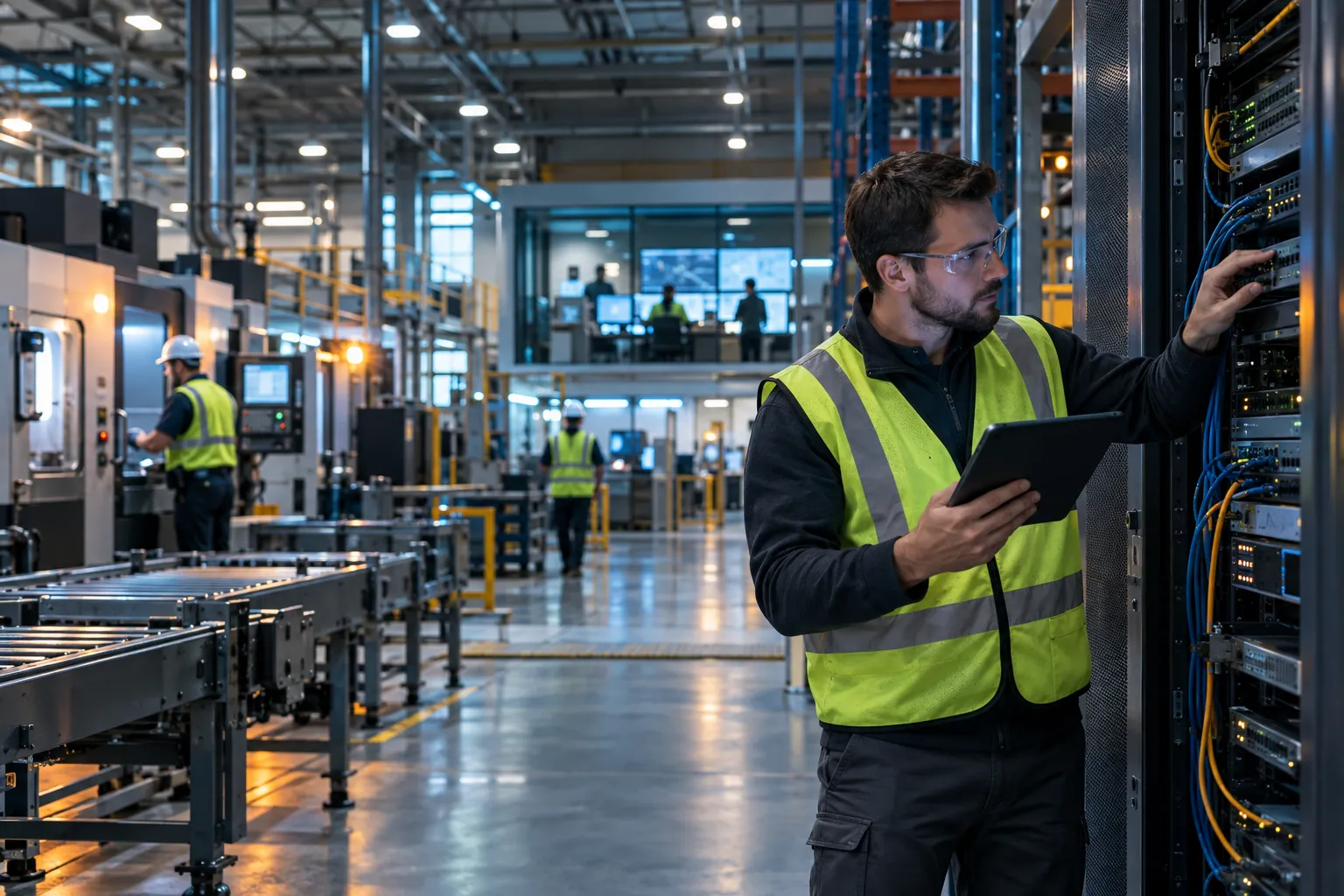 Industrial warehouse with server racks, cloud network connection, and engineer