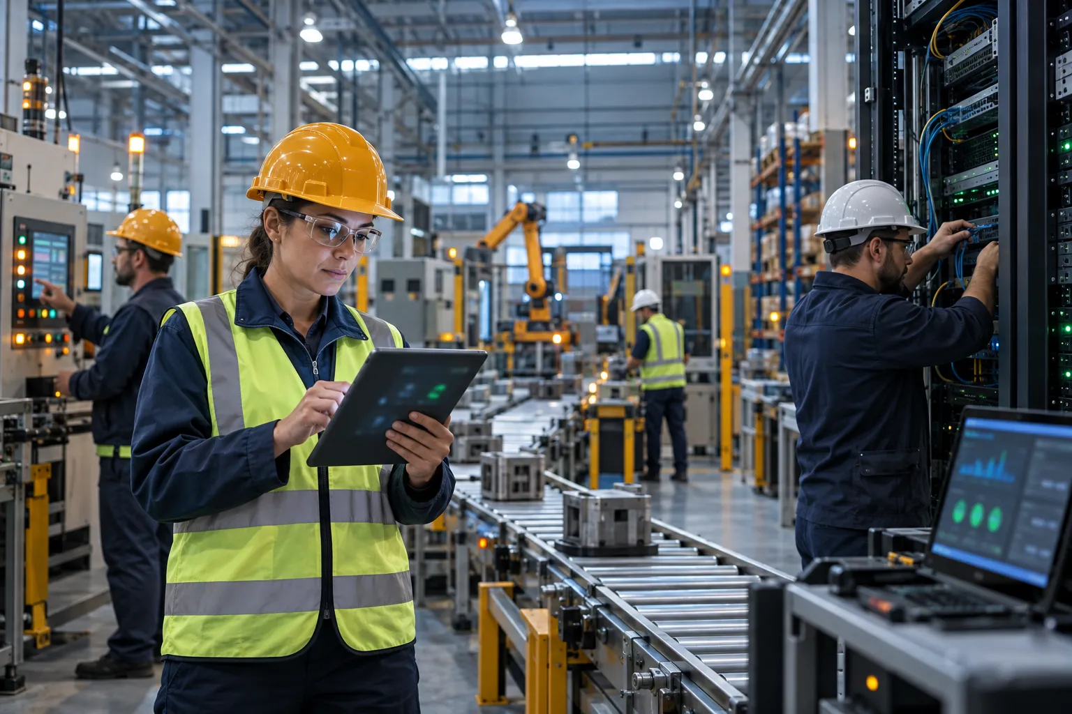 Engineer monitoring cybersecurity dashboards in a modern manufacturing control room