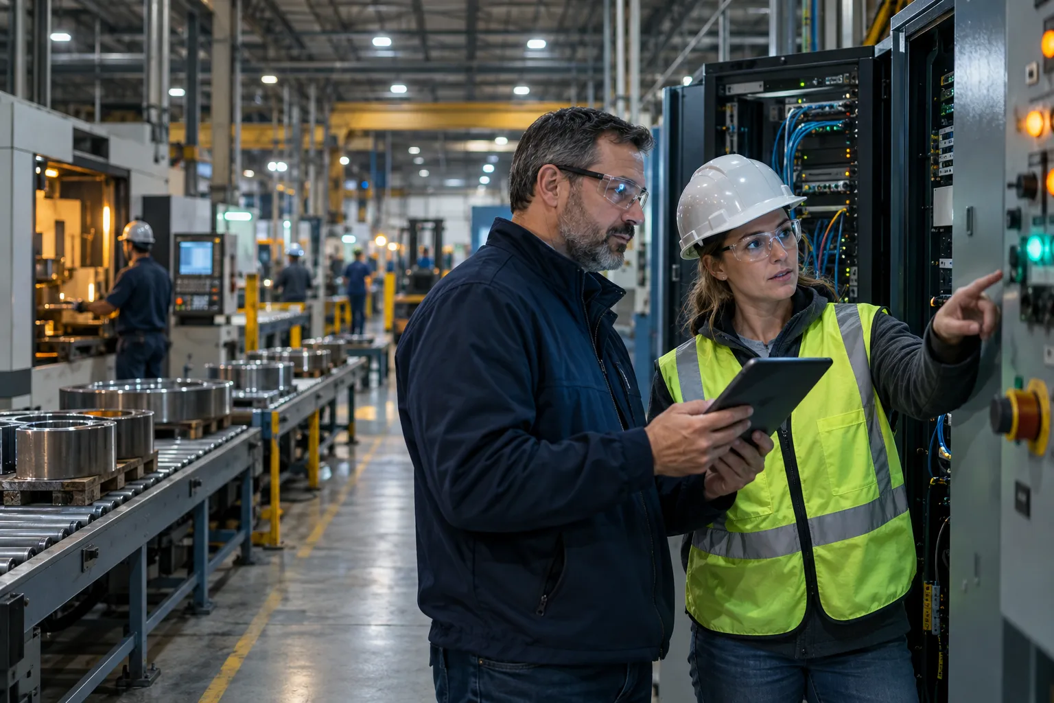 Engineer in hard hat reviewing tablet beside factory control panels