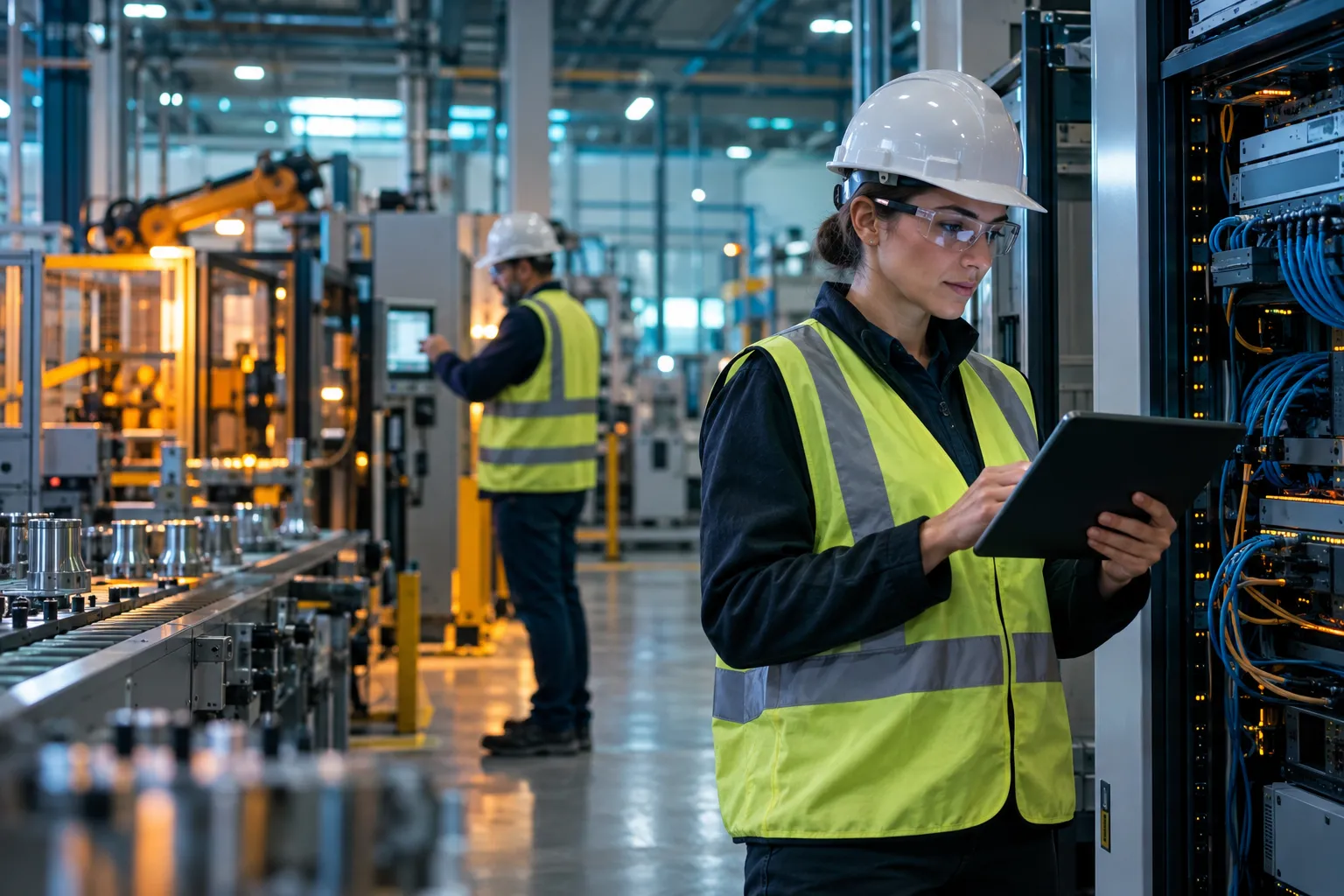 Frustrated technician troubleshooting malfunctioning industrial control panel in factory