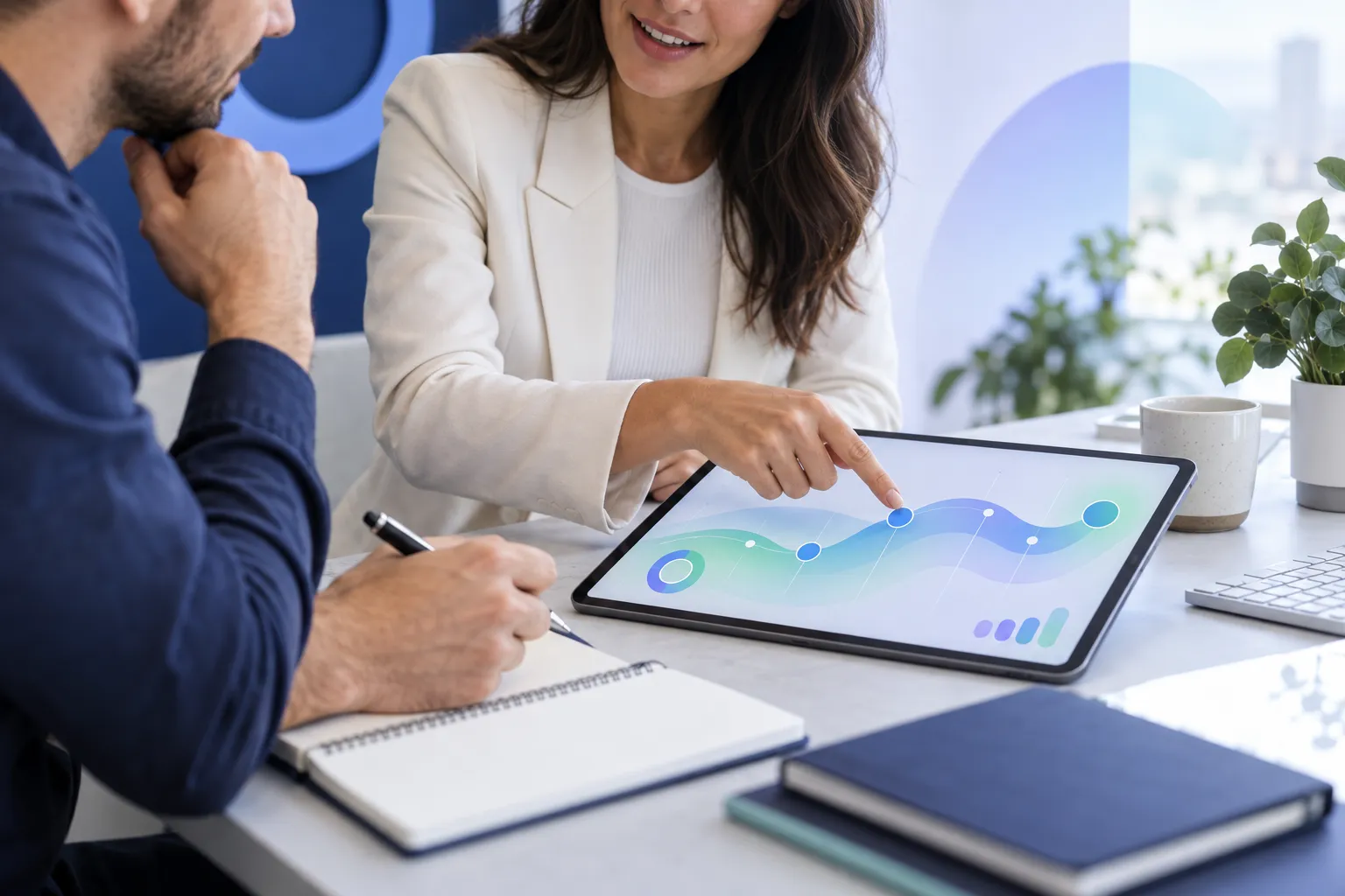Executive reviewing financial charts and growth data on modern desk