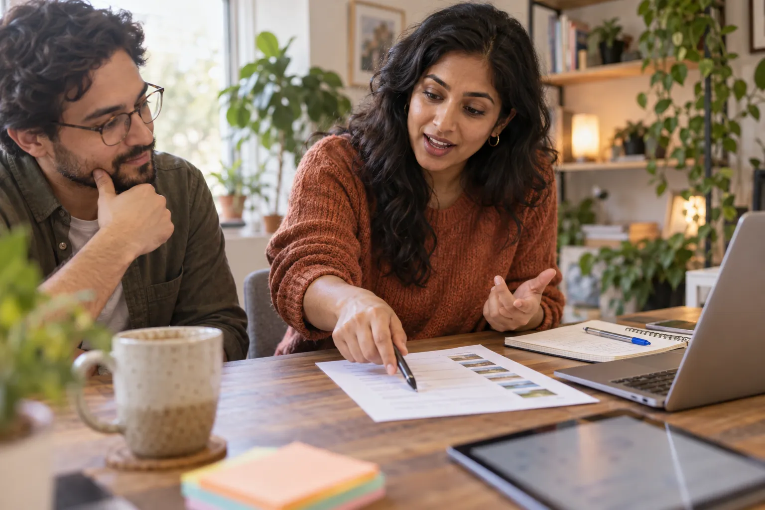 Laptopscherm met een beslissingskader voor affiliate marketing naast een koffiekopje