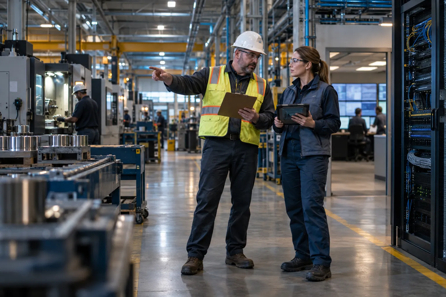 Engineer with tablet monitoring cybersecurity systems on factory floor