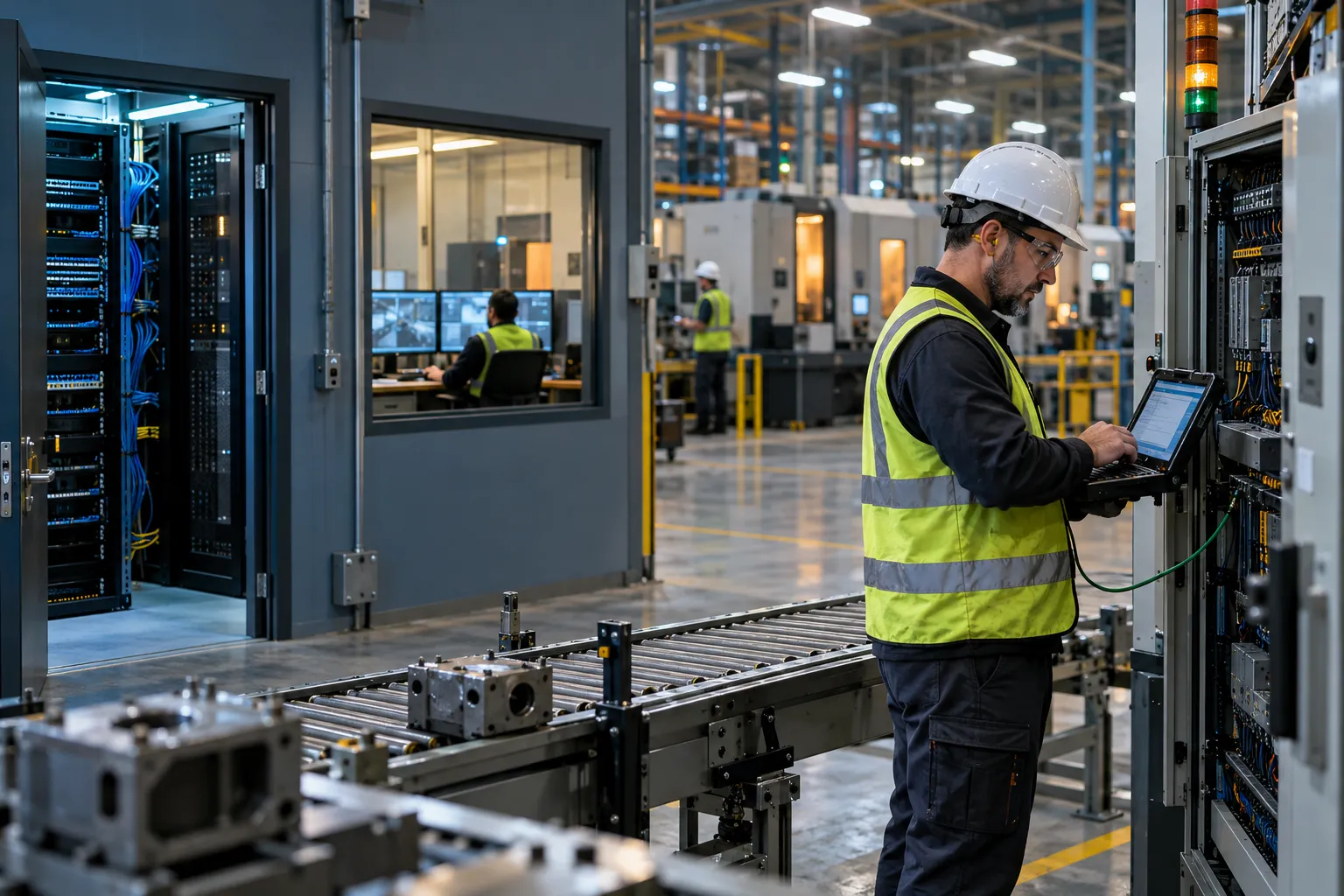 Engineer monitoring industrial control panels in modern manufacturing facility