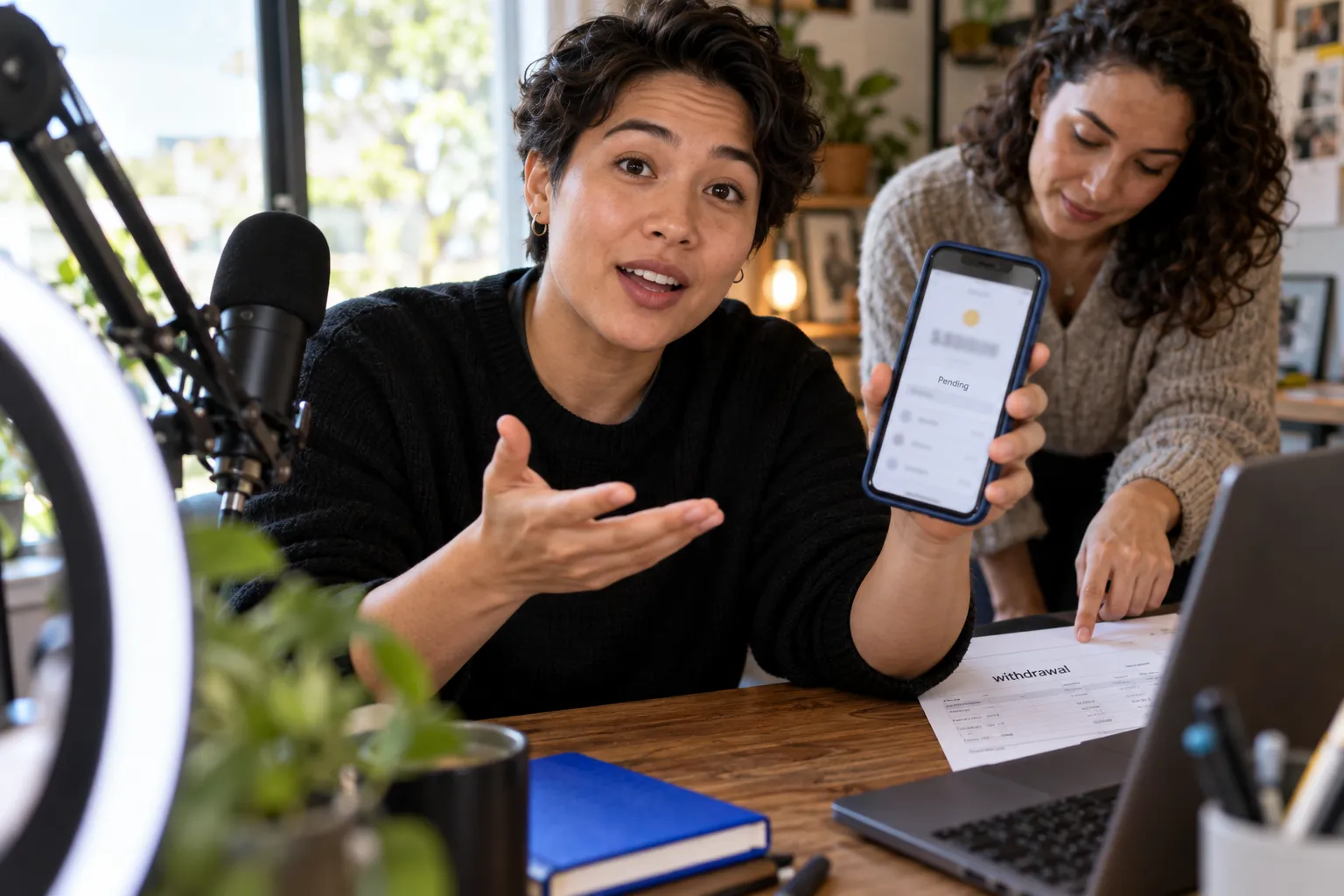 Content creator reviewing pending payout balance on smartphone screen