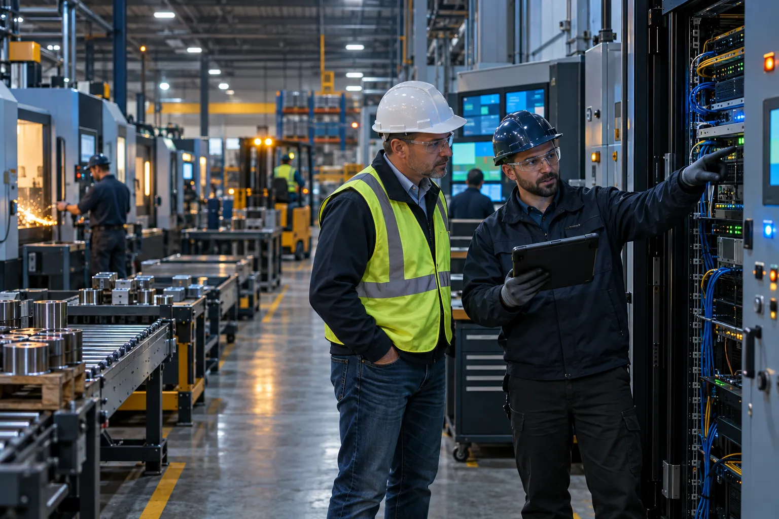 Plant manager and IT specialist reviewing cybersecurity checklist on factory floor