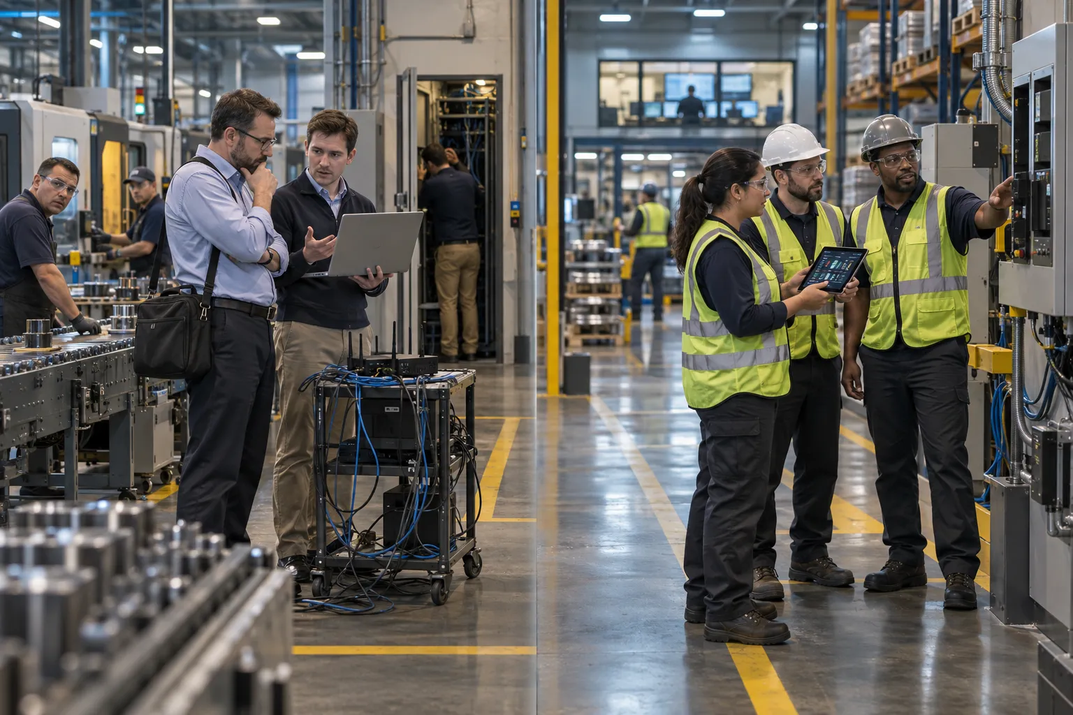 Two IT professionals reviewing cybersecurity monitors in a modern manufacturing facility