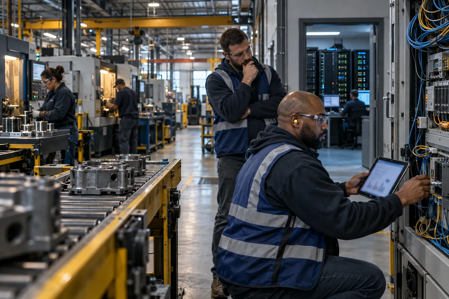 Engineer monitoring industrial control systems on factory floor with laptop