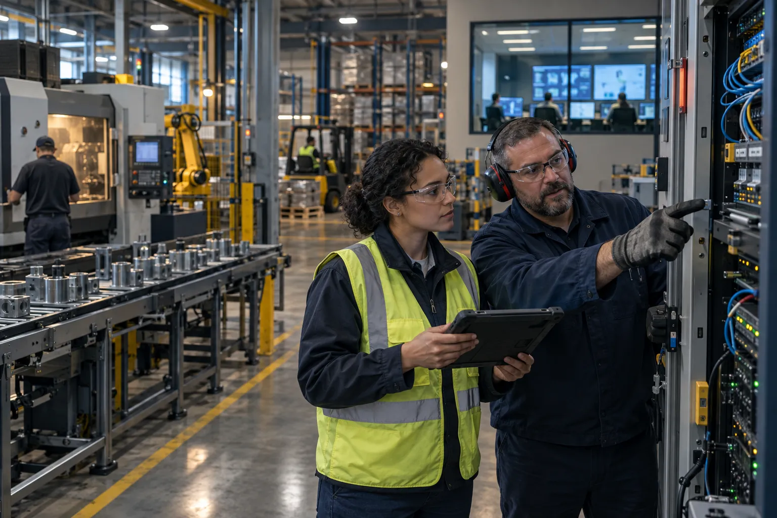 Technician reviewing production data on factory floor tablet, industrial equipment background