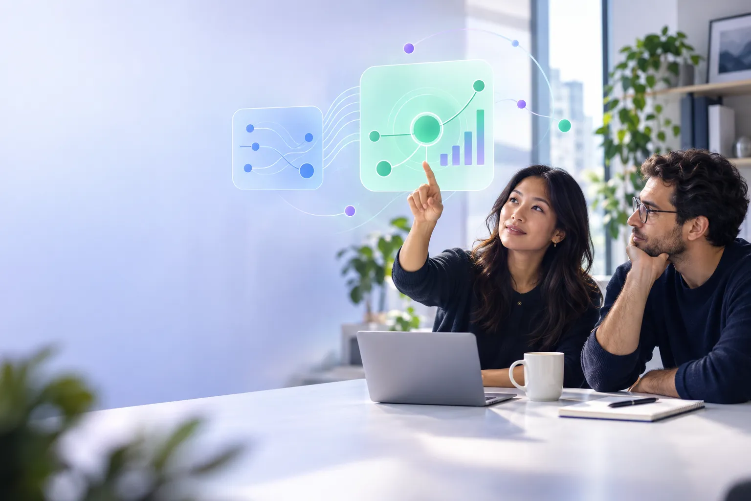 Modern startup workspace with financial charts and clean business analytics elements