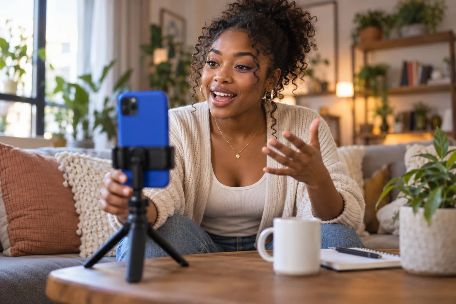 Jonge influencer filmt liveverkoop van producten via TikTok Shop met ringlamp