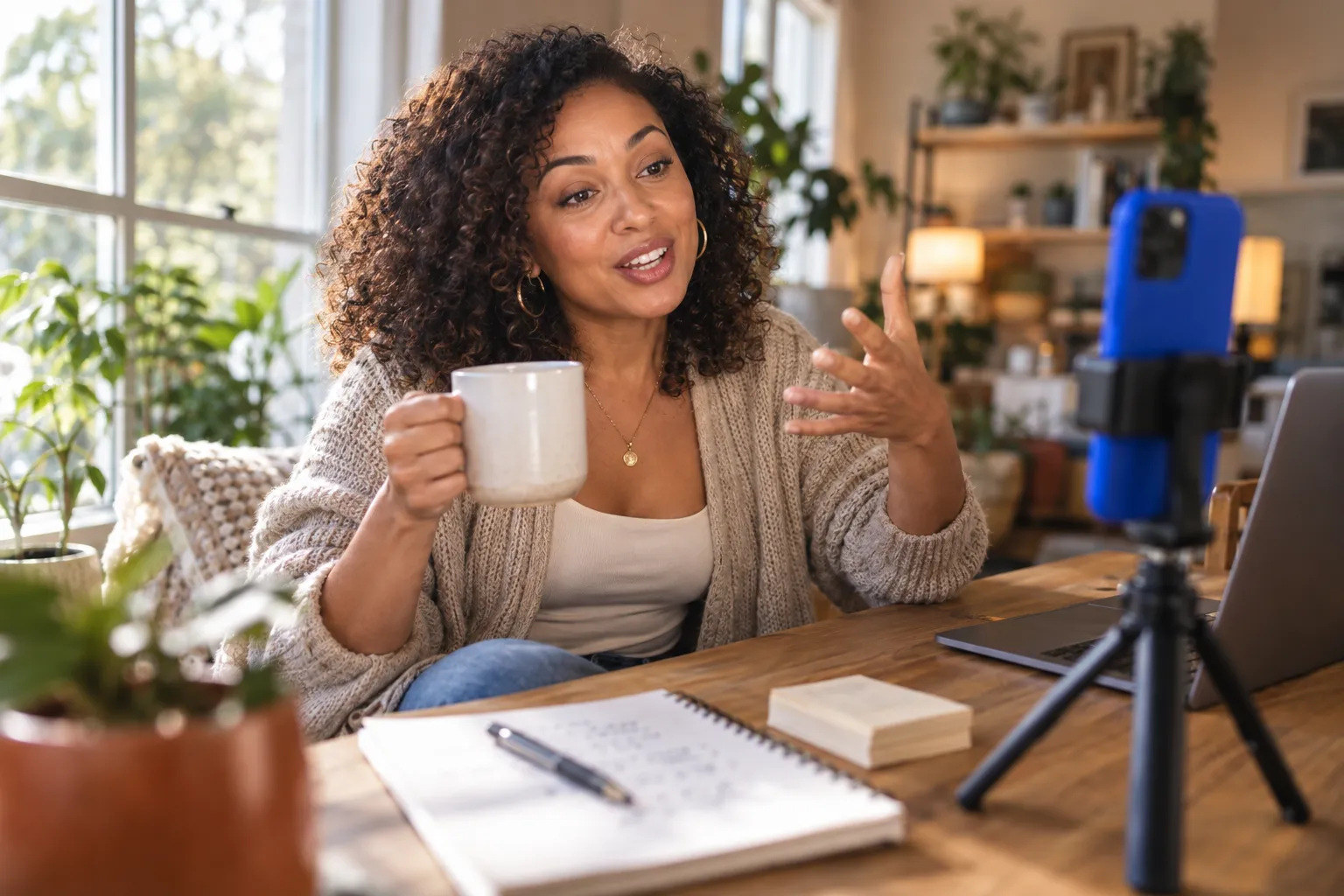 Smartphone met daarop statistieken over volgers naast de werkplek van een contentmaker in een koffiebar