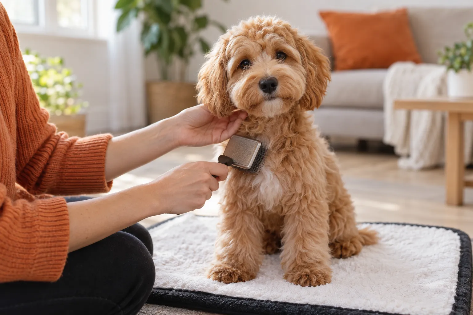 Calm goldendoodle puppy receiving gentle grooming during haircut styling session