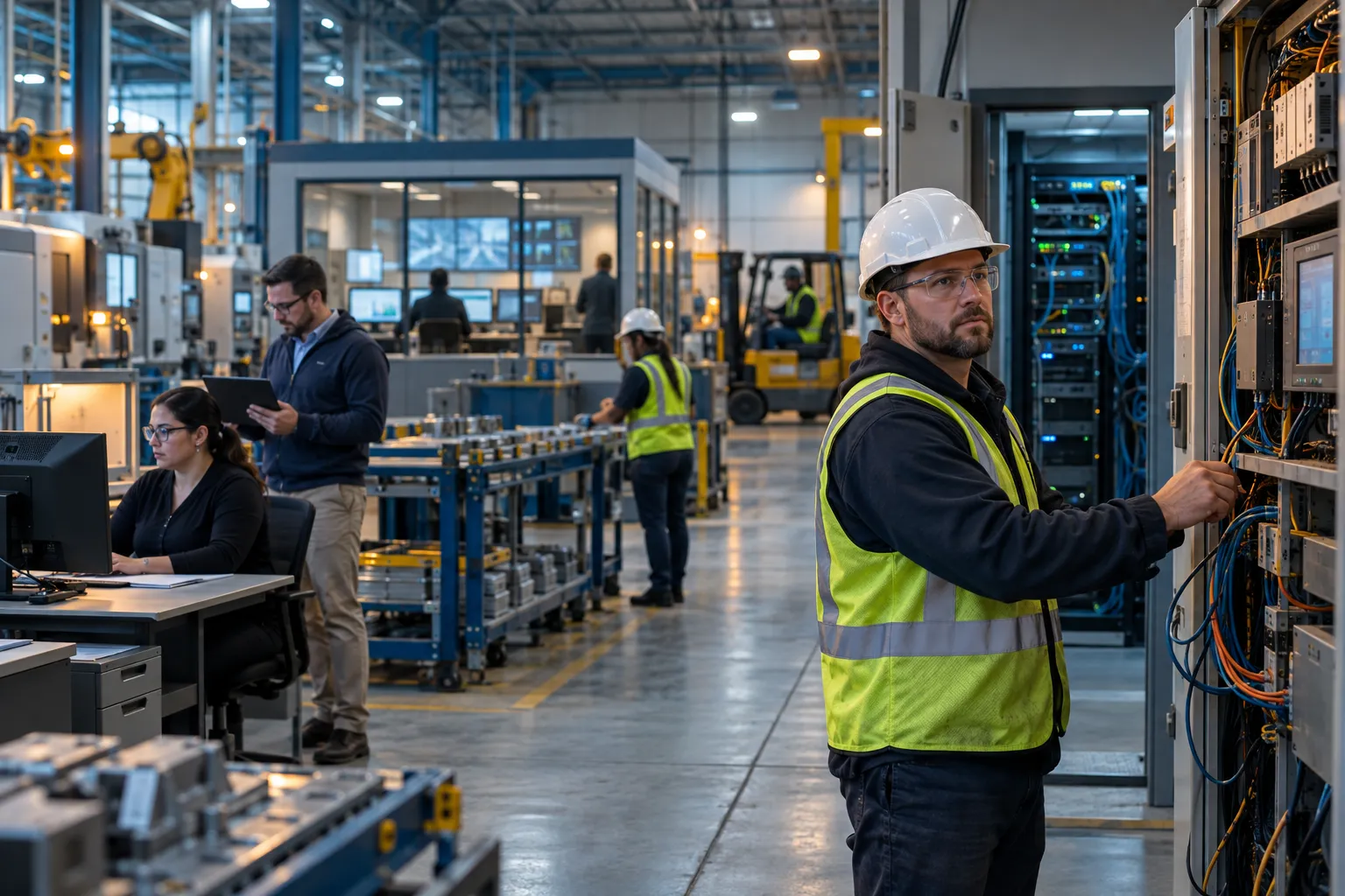Technician inspecting industrial control panel beside server racks in factory