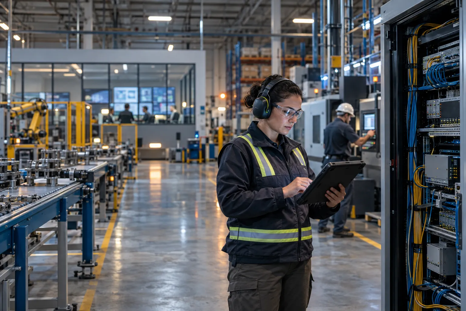 Engineer in safety glasses reviewing tablet beside factory production line
