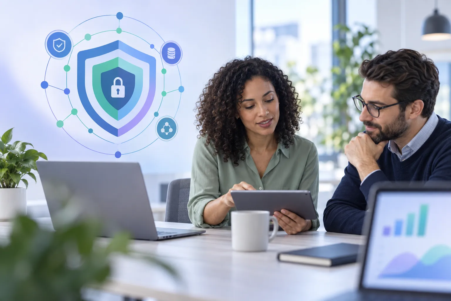 Modern office desk featuring security certification badges, shield icon, and laptop
