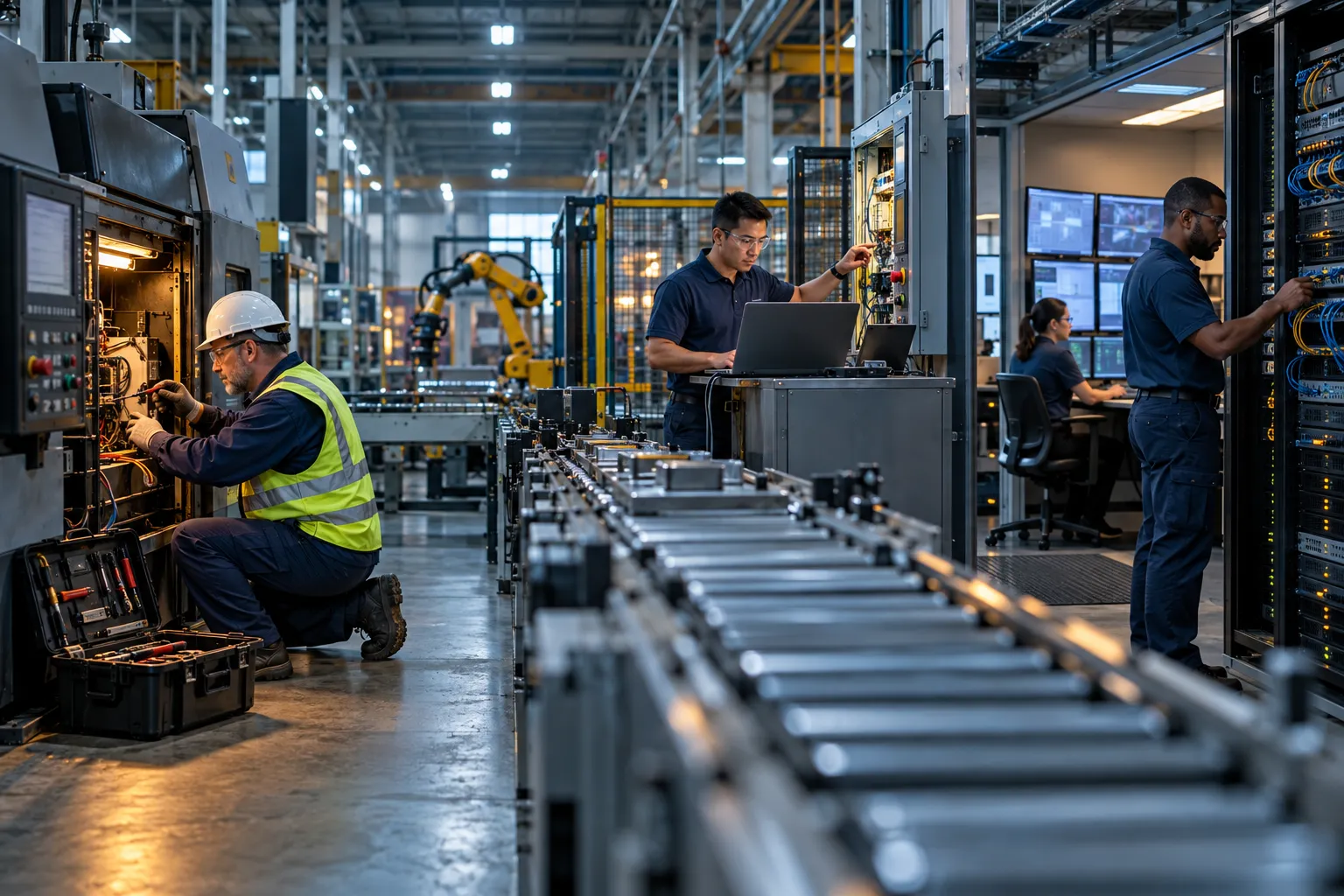 Three IT support models compared: technician repairing server, generalist consultant, and managed services control center