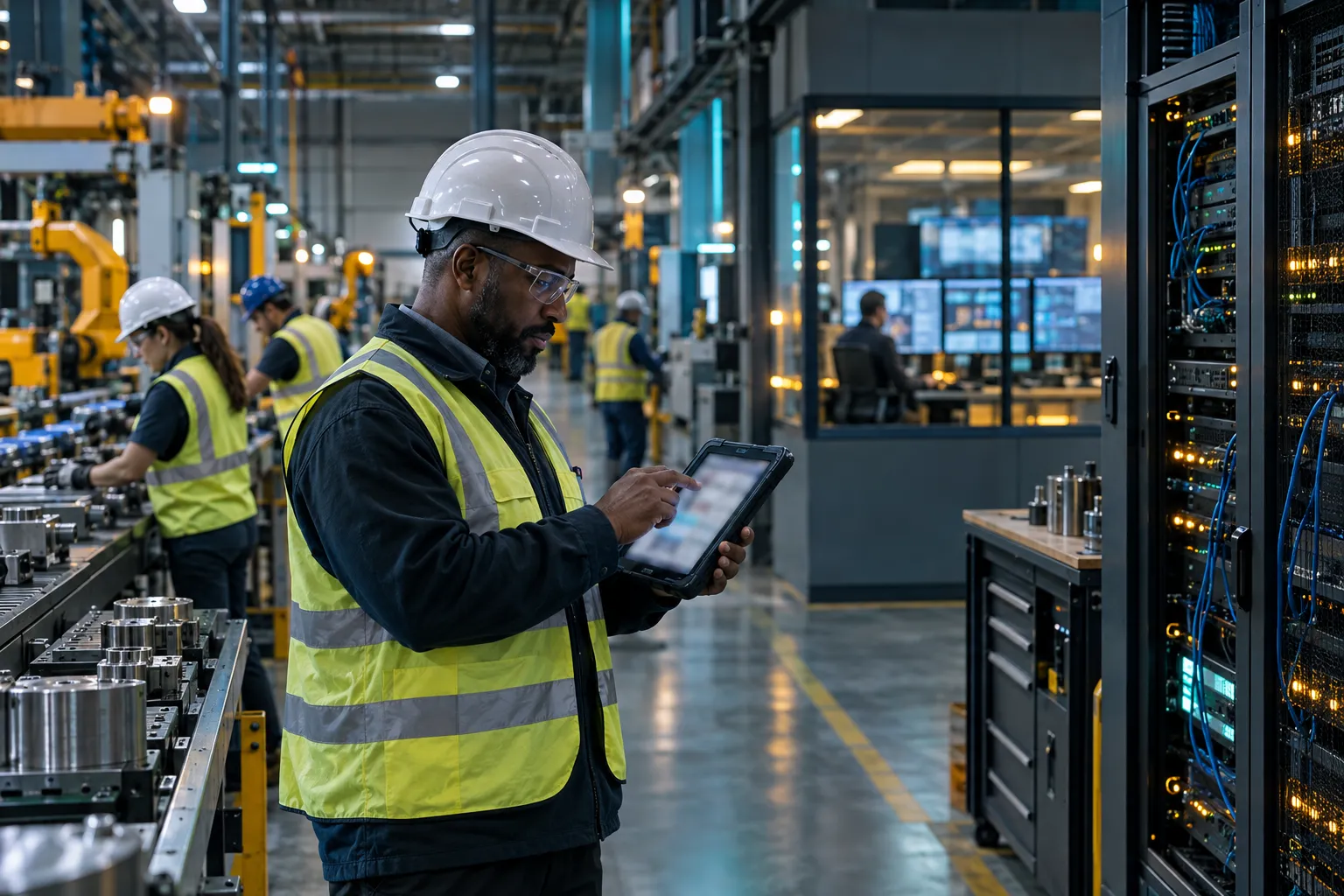 Industrial control panels and servers in a modern US manufacturing facility