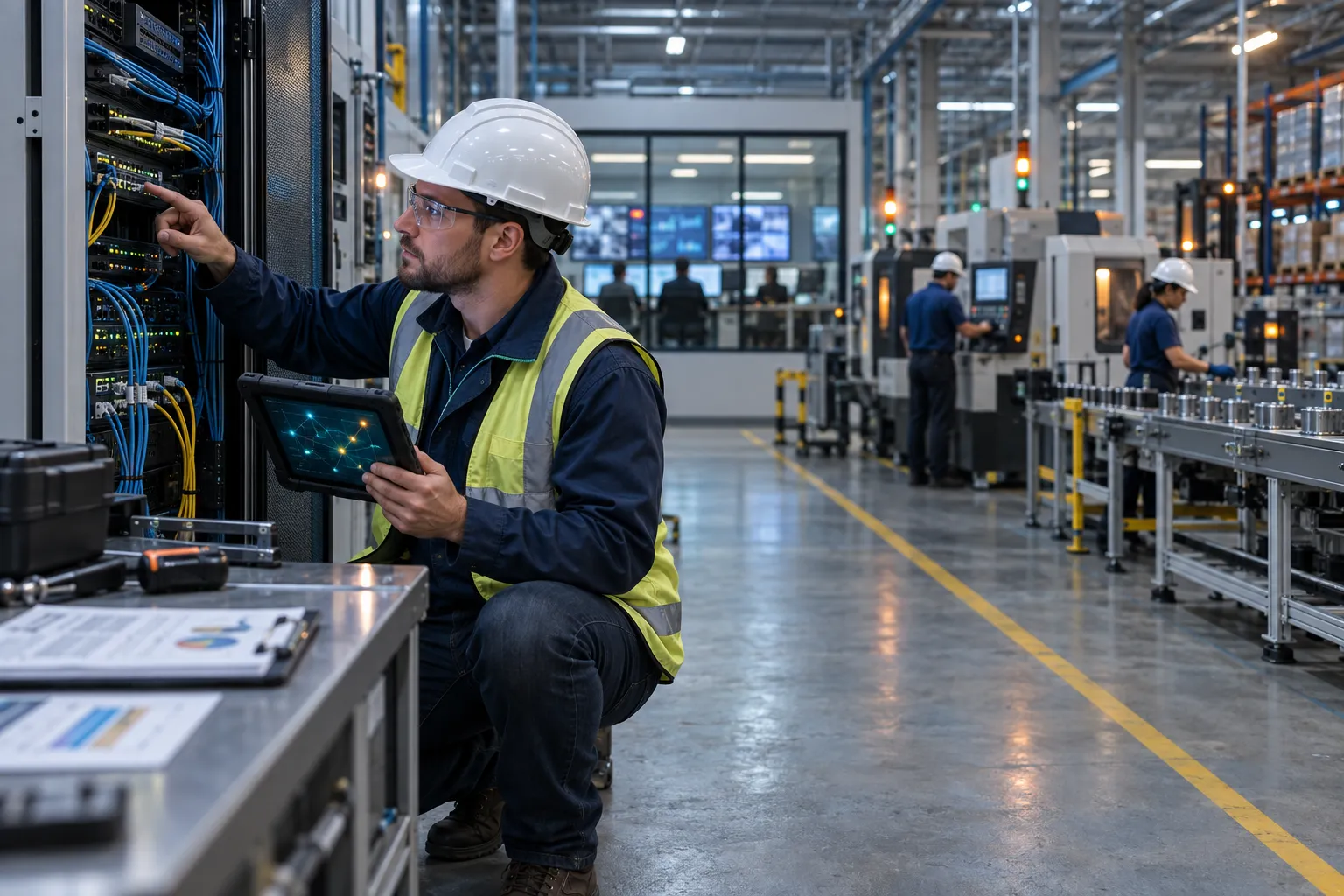 Engineer in hard hat reviewing control panel with tablet in factory