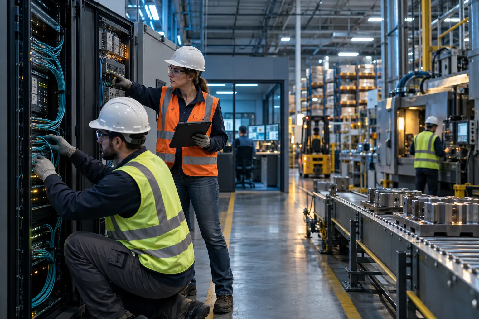Engineer monitoring industrial control panels beside network servers in factory