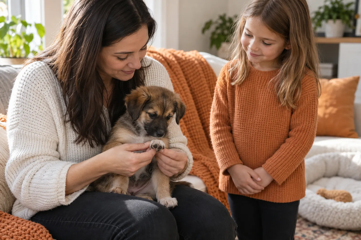 Family gently petting a relaxed puppy together in warm living room