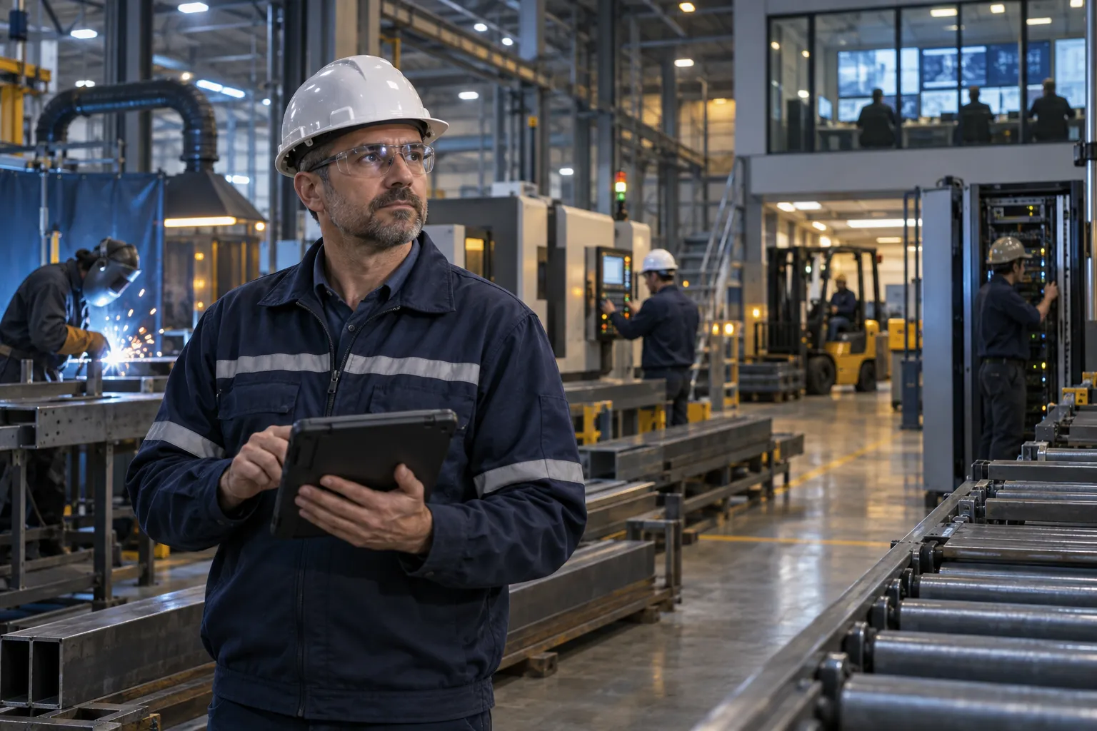 Two engineers reviewing cybersecurity plans in a modern manufacturing facility