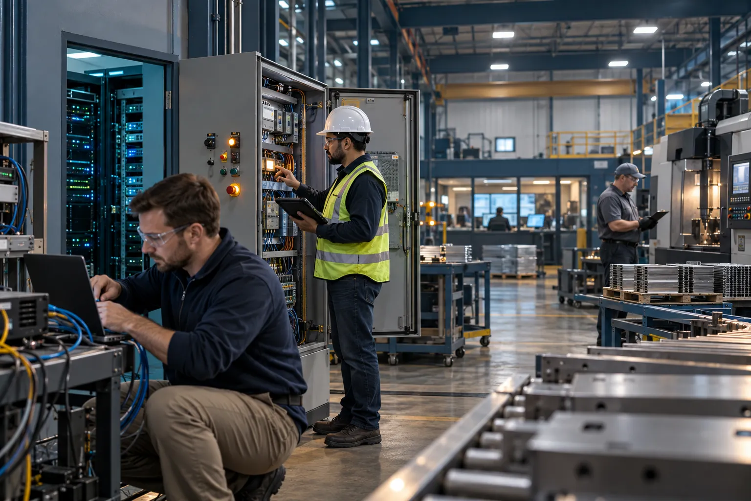 Industrial control panels monitored by engineers in a modern manufacturing facility