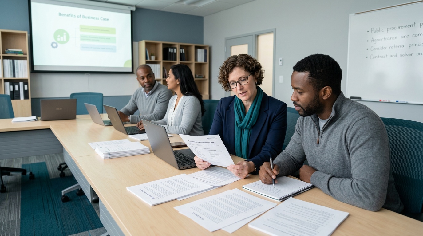 Team reviewing the benefits and options in a procurement business case