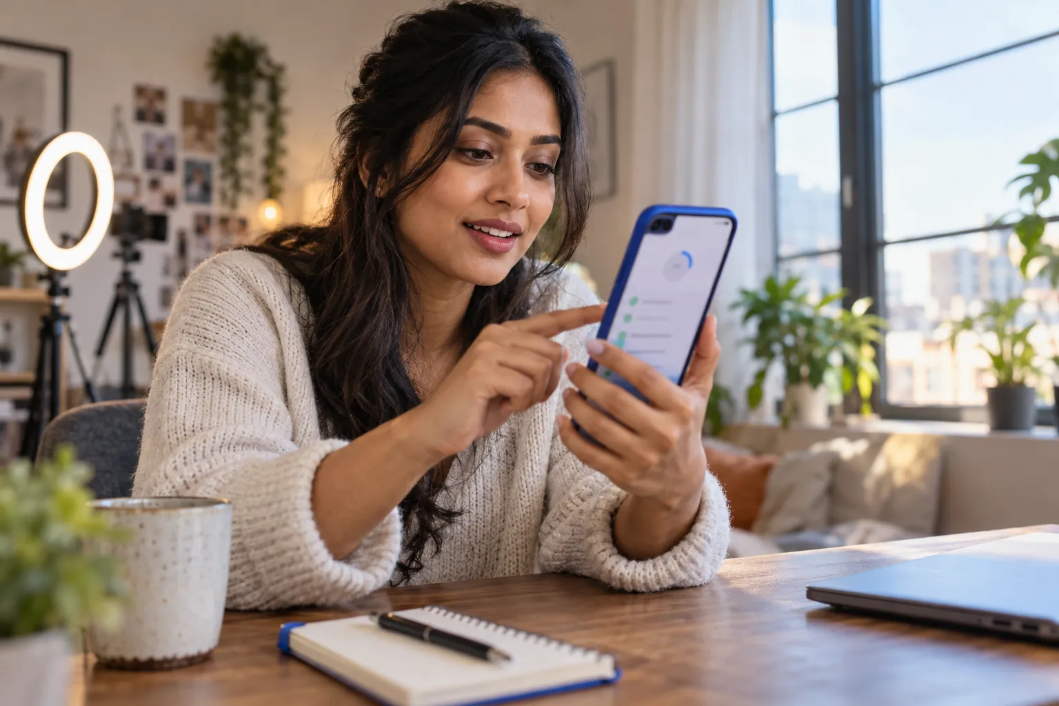 Smartphone met een checklist voor deelname aan TikTok-monetisatie, vastgehouden door een creator