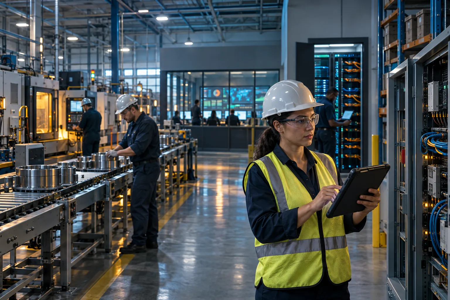 Technician monitoring cybersecurity dashboard on factory production floor