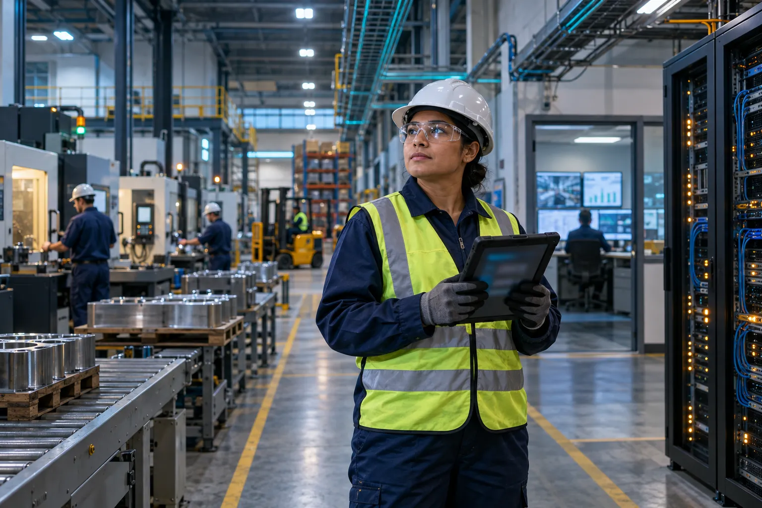 Engineer monitoring cybersecurity dashboard in modern manufacturing facility