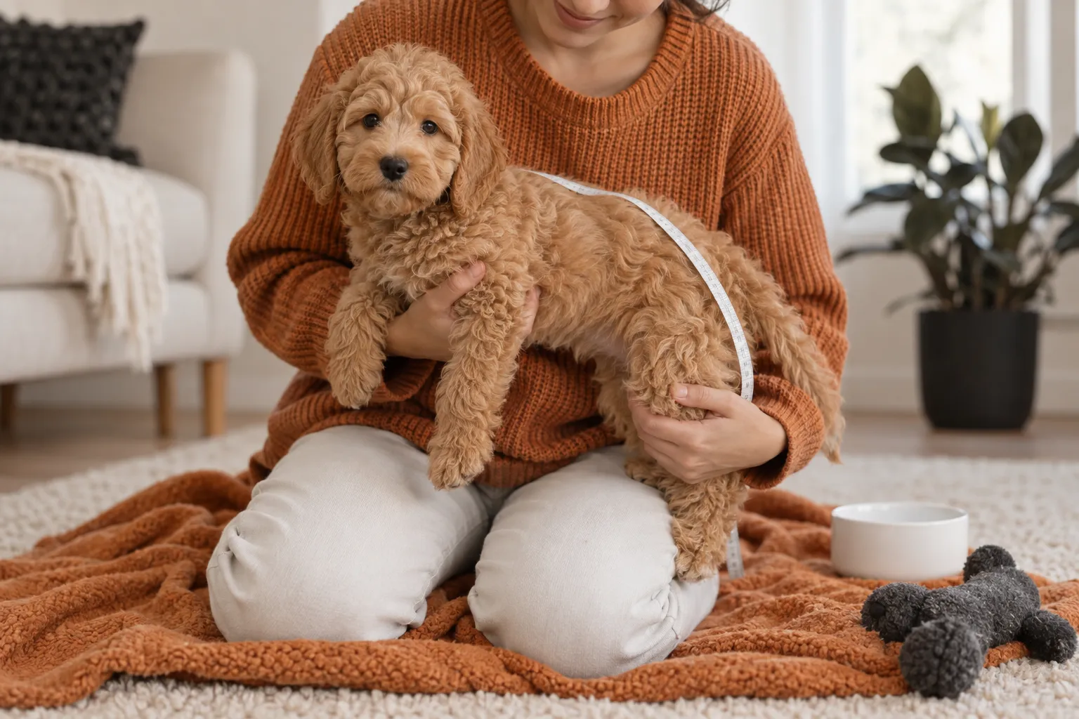 A family gently petting a calm mini Goldendoodle puppy indoors