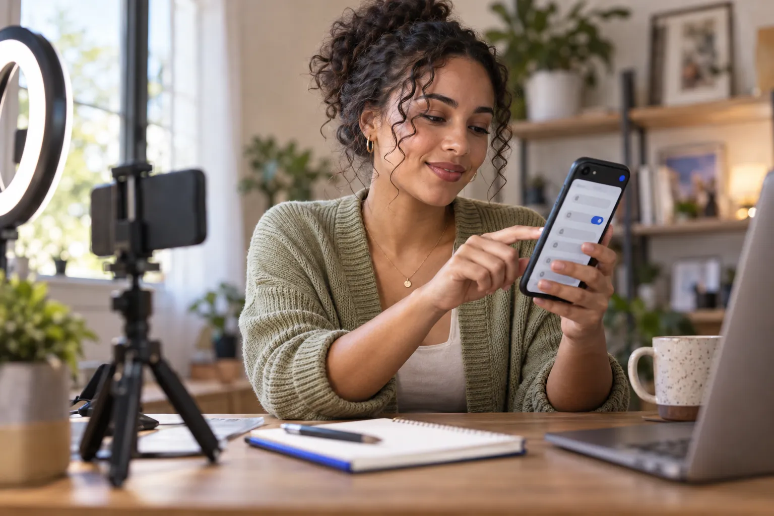 Jonge creator filmt het uitpakken van een product met een smartphone op een statief met ringlamp