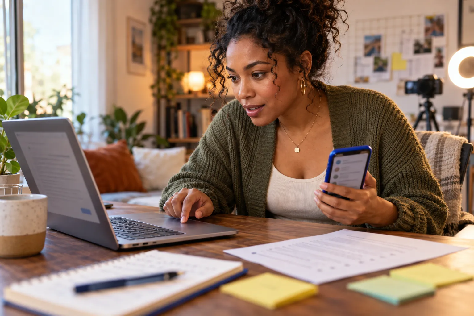 Fotorealistische afbeelding van een marketeer die op een laptopscherm contact heeft met de Reddit-community