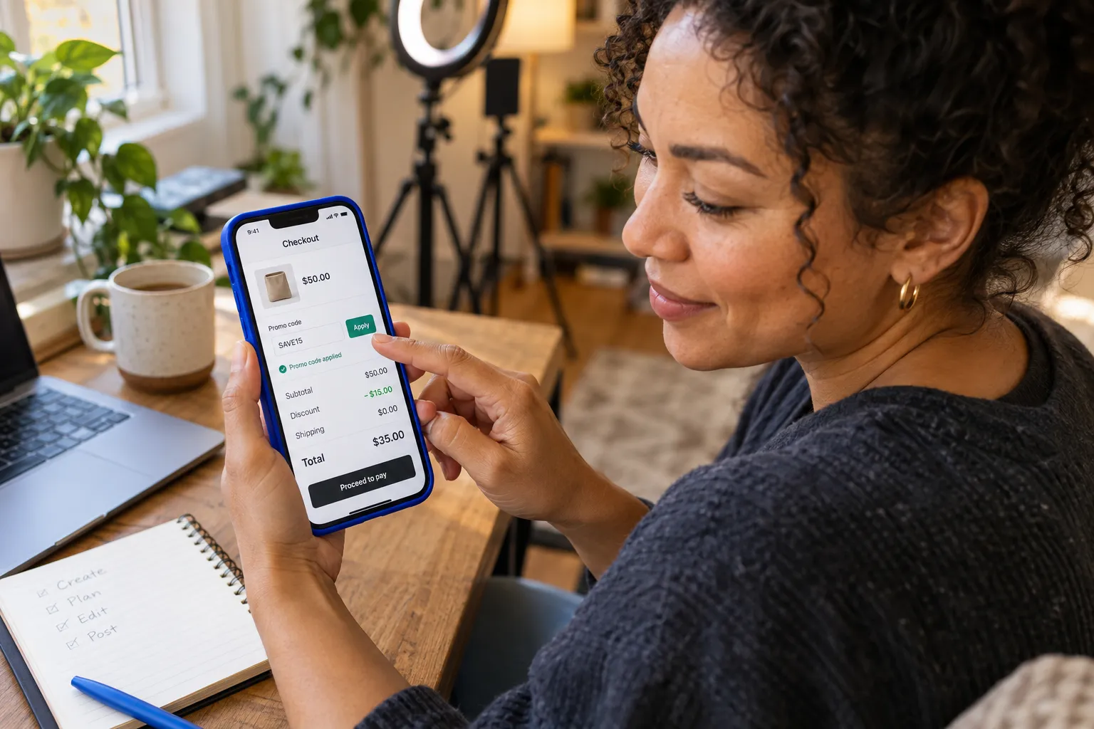 Close-up van een smartphone met het afrekenscherm van TikTok Shop en een veld voor een promocode