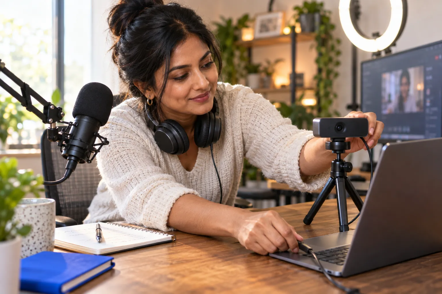 Contentmaker streamt live op TikTok Studio met ringlamp en desktopopstelling