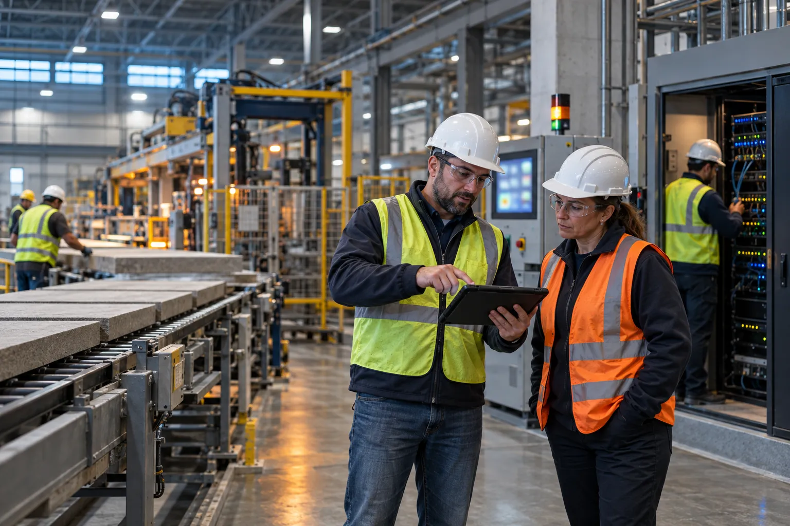Two engineers shaking hands on a modern manufacturing factory floor
