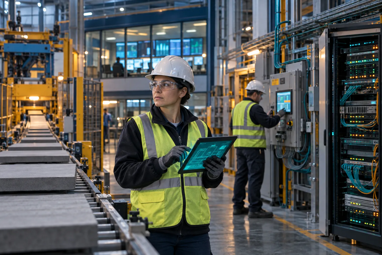 Technician monitoring industrial control systems and server racks in factory