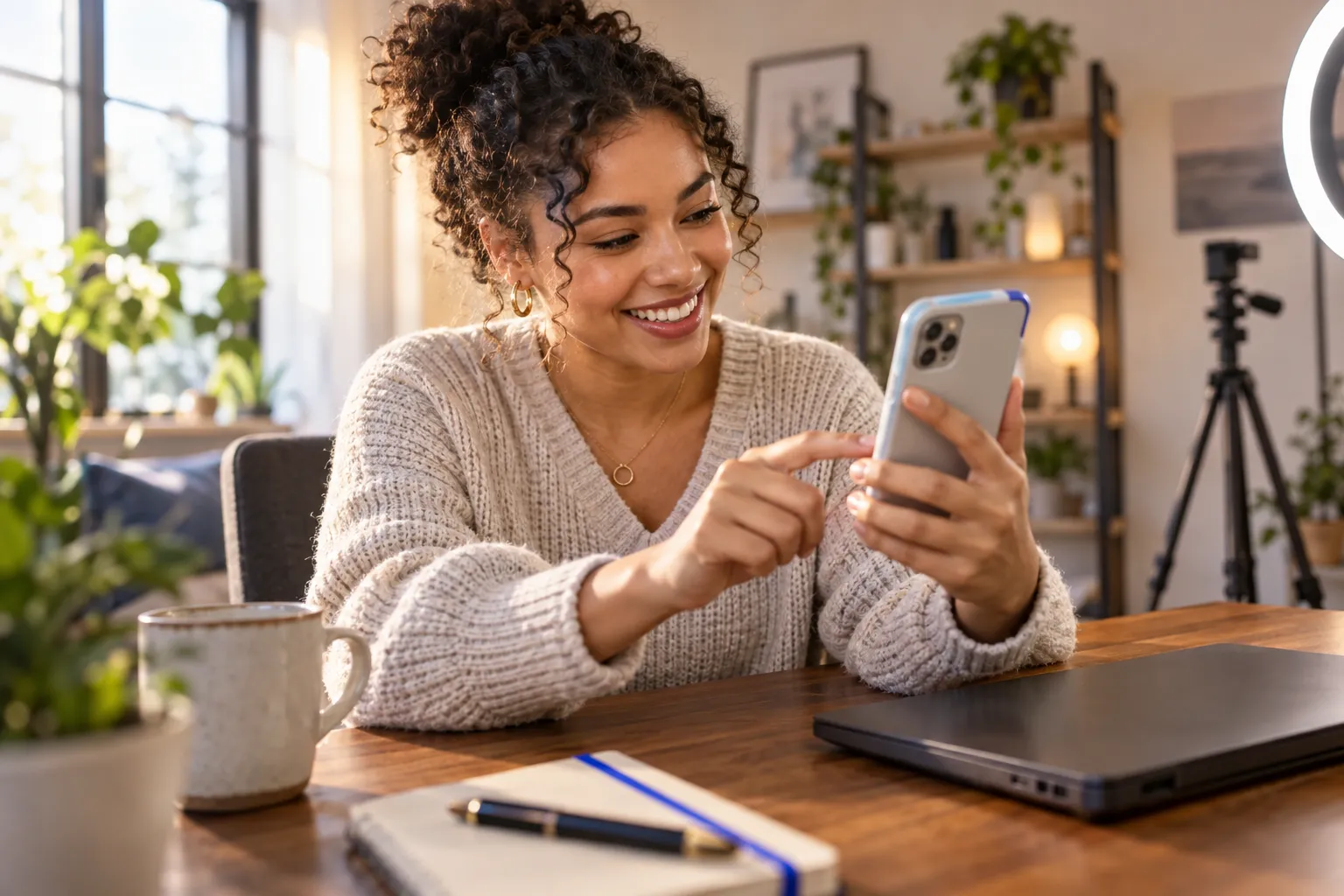Smartphone fotorrealista mostrando um produto da TikTok Shop apresentado em um vídeo de criador