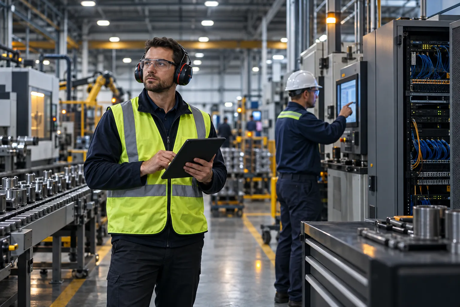 Manufacturing engineers reviewing cybersecurity dashboards on a factory floor