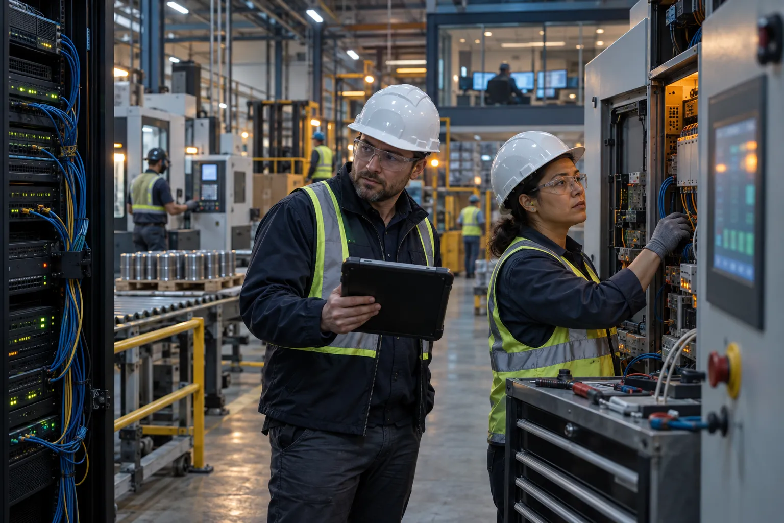 Manufacturing plant floor with industrial control panels and cybersecurity monitoring setup