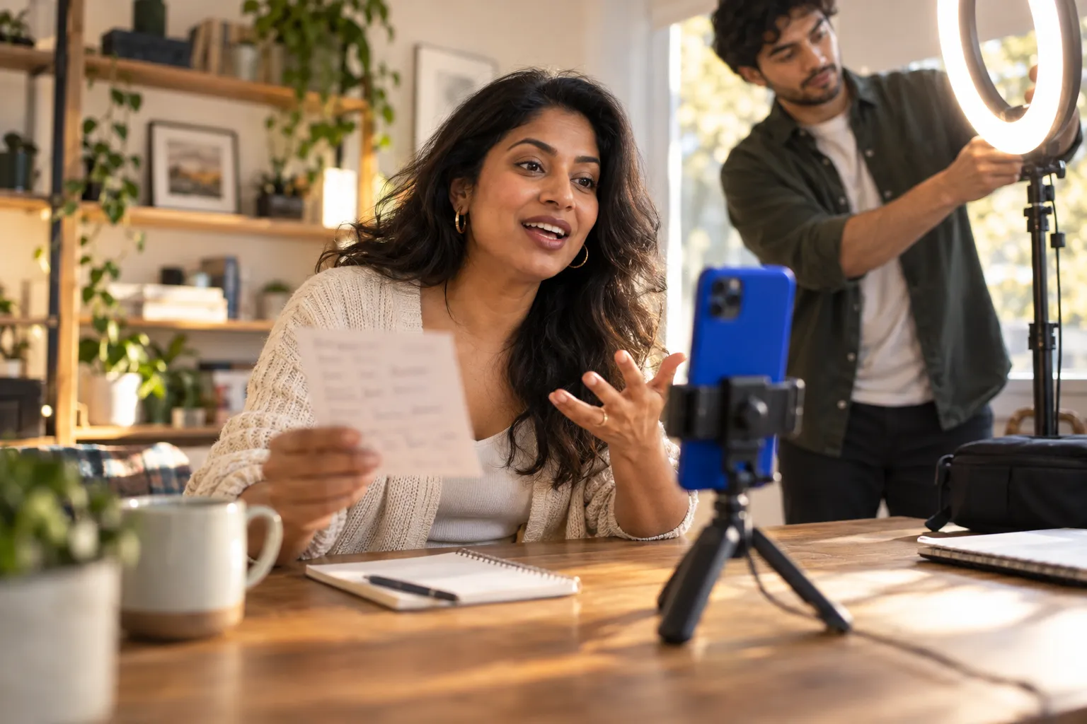 Smartphone met het TikTok-advertentiedashboard en grafieken die de kosten vergelijken met Facebook en Instagram
