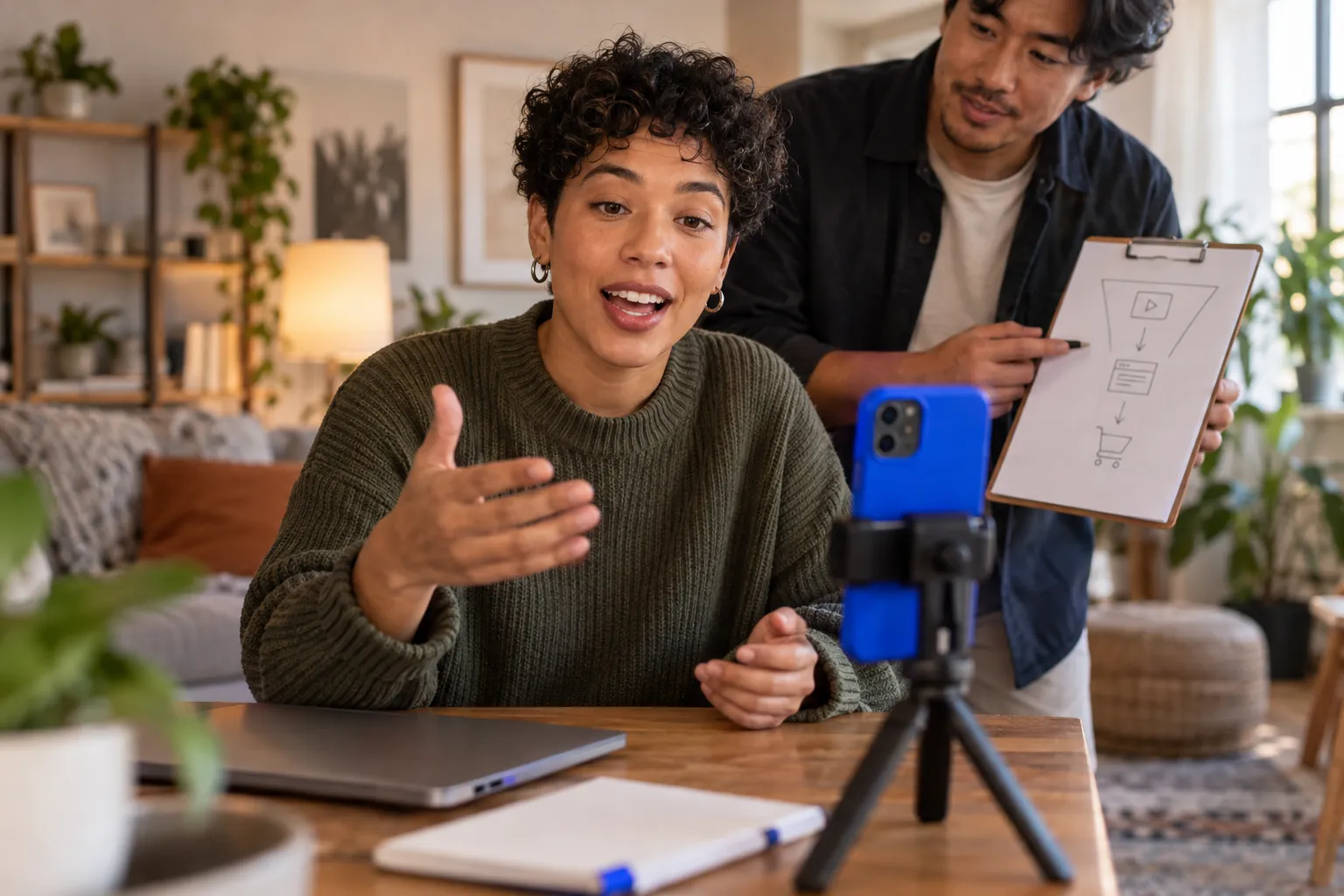 Creator filmt een TikTok Shop-productvideo met een smartphone en ringlamp