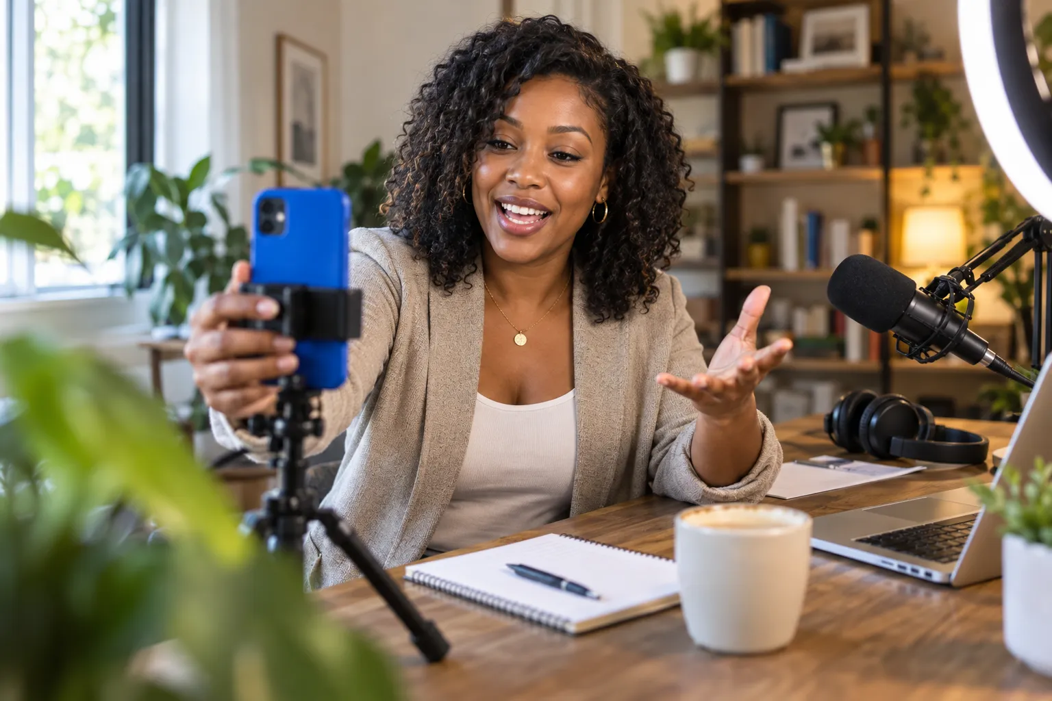 Glimlachende maker aan een bureau met een smartphone waarop een affiliateloverzicht wordt getoond