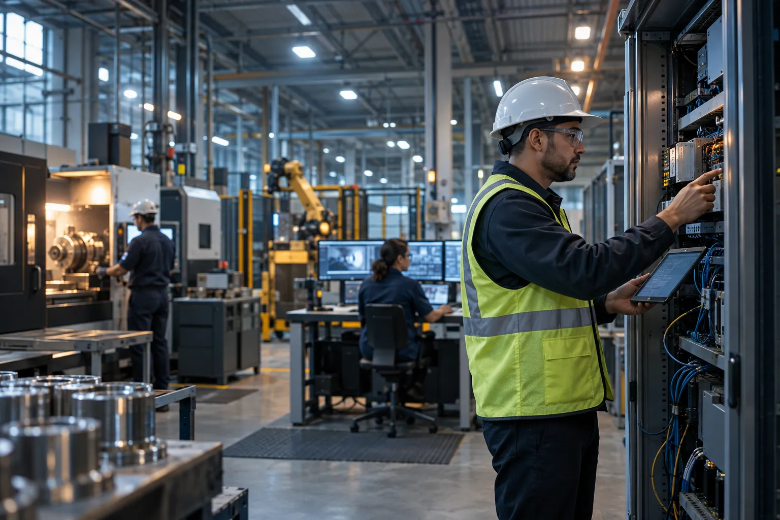 Industrial control panels and network servers inside a modern US manufacturing facility