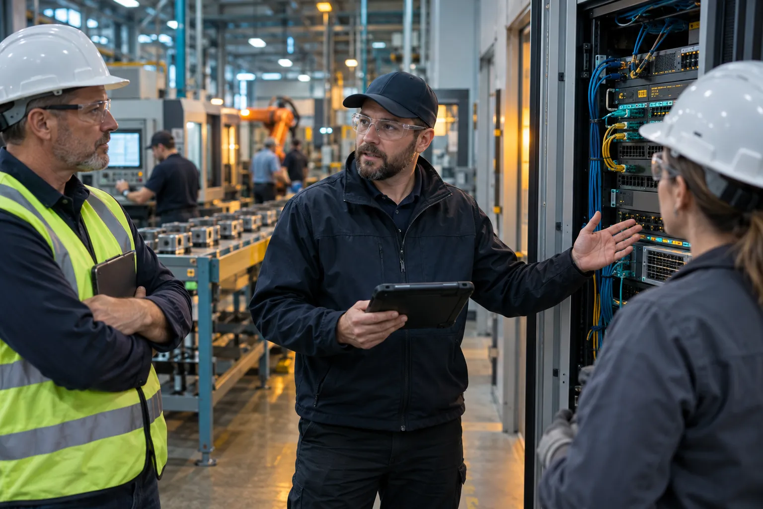 Technician evaluating server rack with clipboard in manufacturing facility