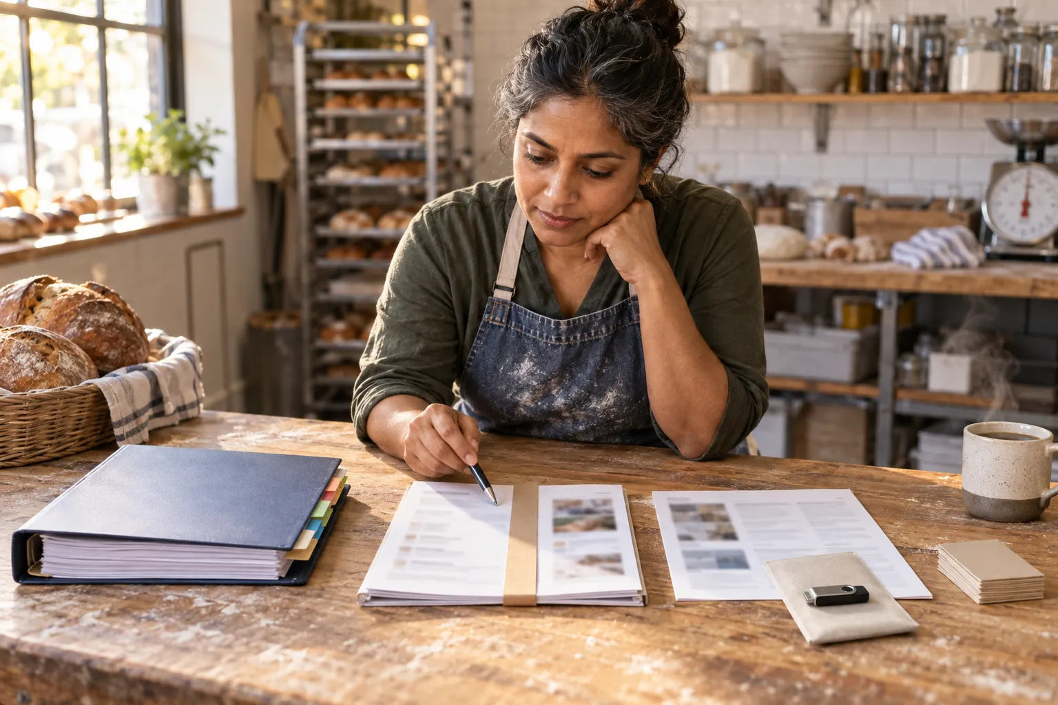 Tax advisors reviewing engagement model charts in professional office meeting