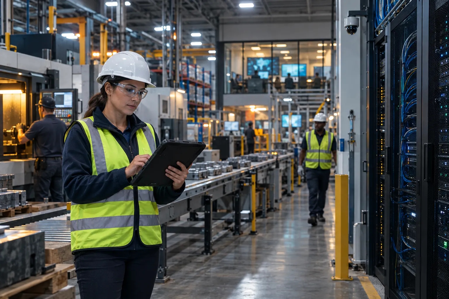 Technician servicing industrial control panels in a modern manufacturing facility
