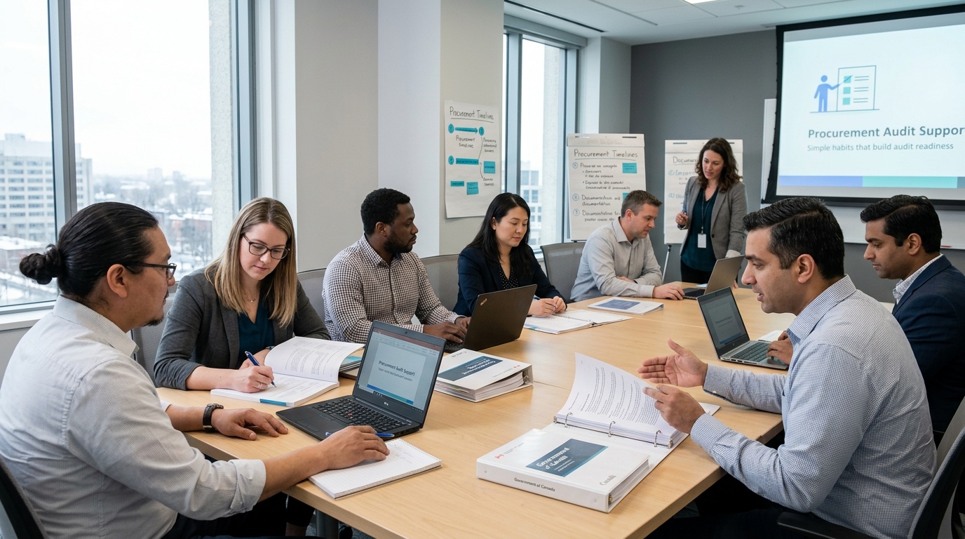 Procurement team organizing records for an audit review